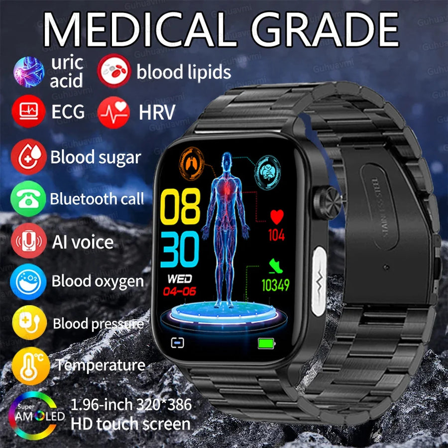 Smartwatch Médico com IA 2024 – Diagnóstico de Saúde com Monitoramento de Lípides, Ácido Úrico, Glicose, ECG+PPG, Chamadas por Bluetooth e Assistente de Voz.